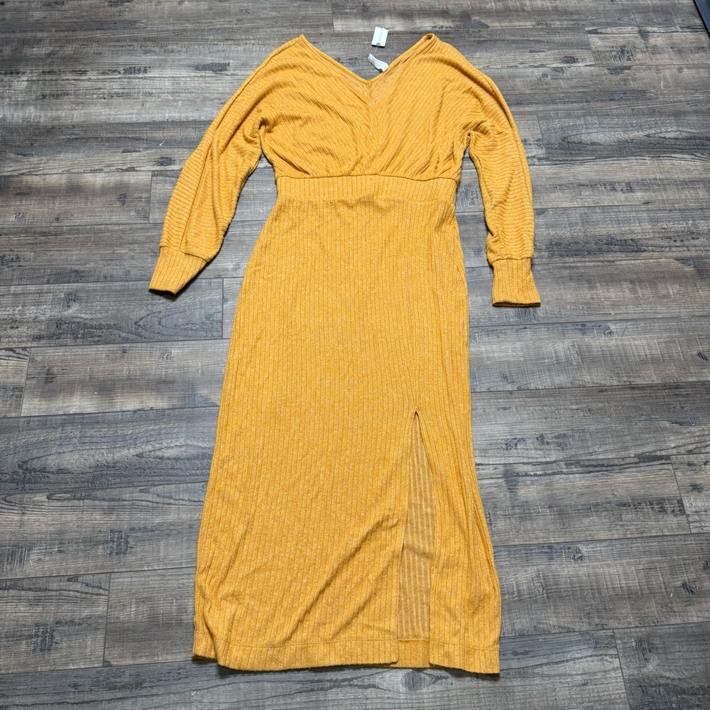 Daily Practice Anthropologie Mustard Ribbed Leg Split Sleeve Midi Dress a